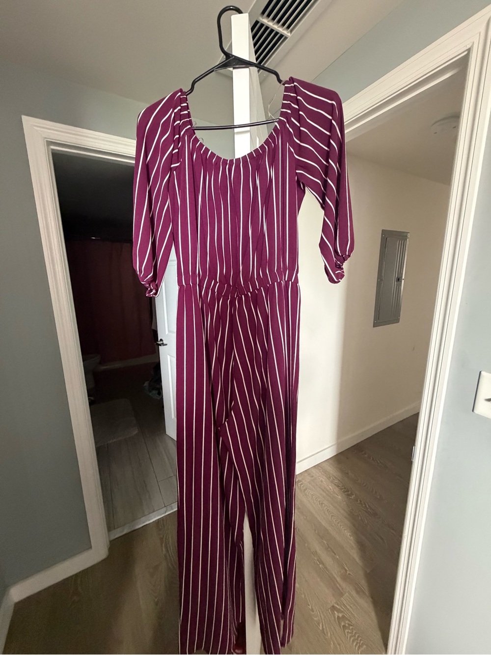 Women's Striped Off-Shoulder Jumpsuit in Plum